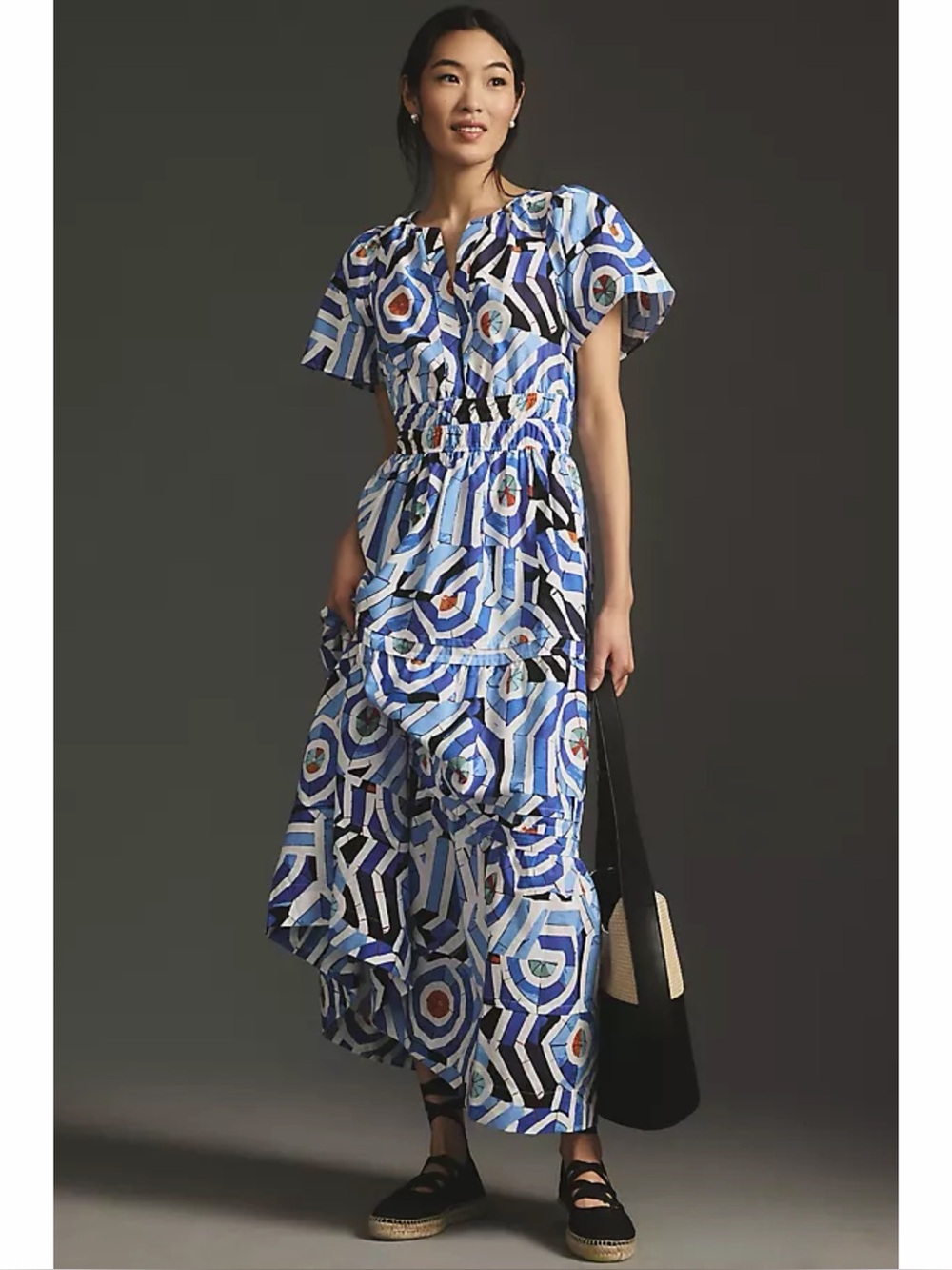 Anthropologie Somerset A-Line Smocked Waist Blue Geometric Cotton Maxi Dress